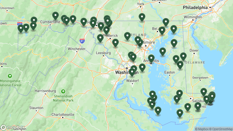 Map of Good Sam campgrounds in Maryland
