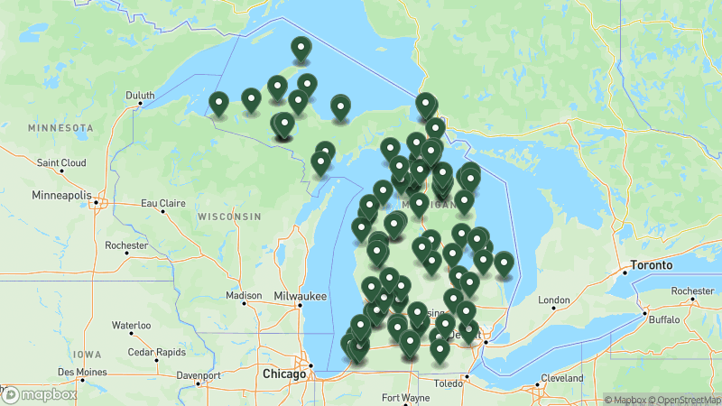 Map of Good Sam campgrounds in Michigan
