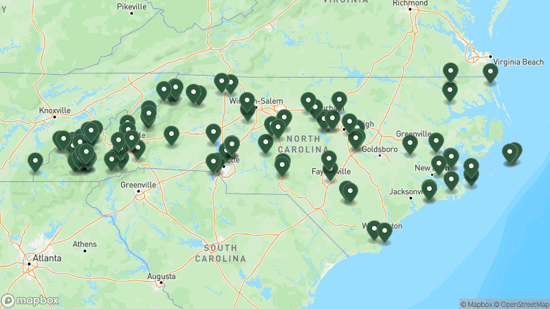 Map of Good Sam campgrounds in North Carolina