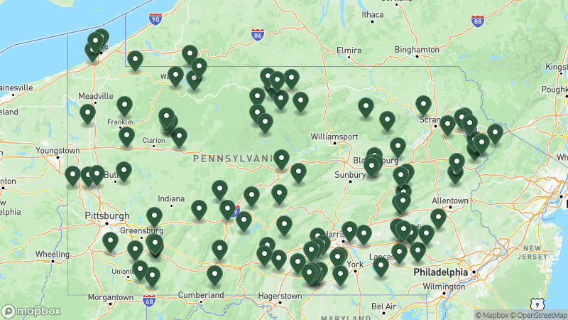 Map of Good Sam campgrounds in Pennsylvania