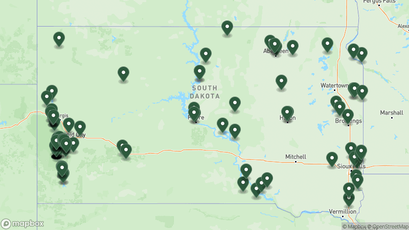 Map of Good Sam campgrounds in South Dakota