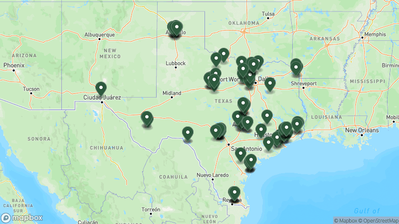 Map of Good Sam campgrounds in Texas