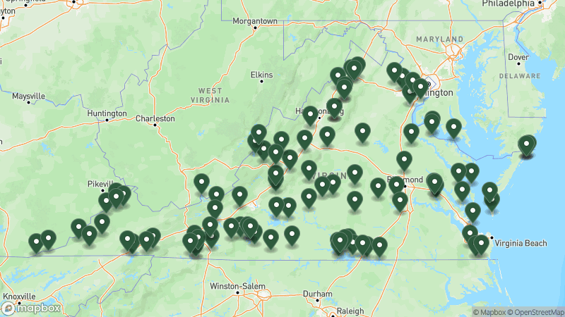 Map of Good Sam campgrounds in Virginia