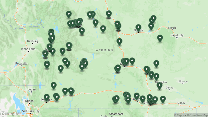 Map of Good Sam campgrounds in Wyoming