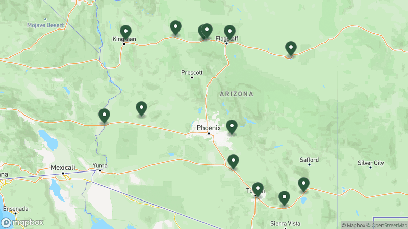 Map of KOA campgrounds in Arizona