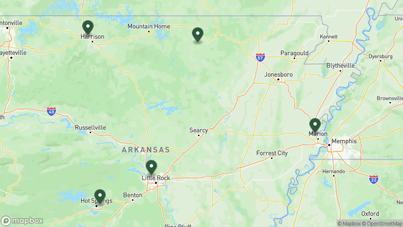 Map of KOA campgrounds in Arkansas