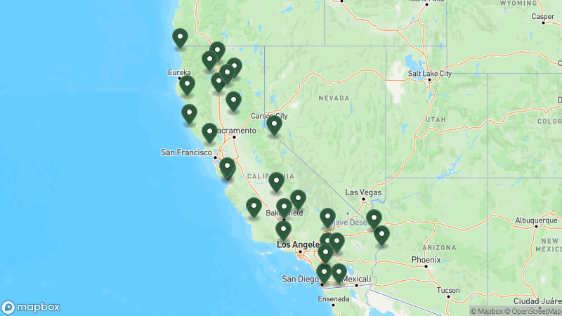 Map of KOA campgrounds in California