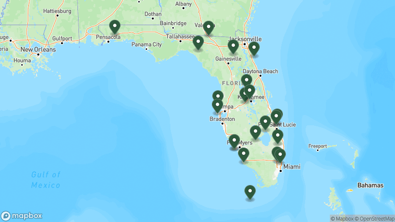 Map of KOA campgrounds in Florida