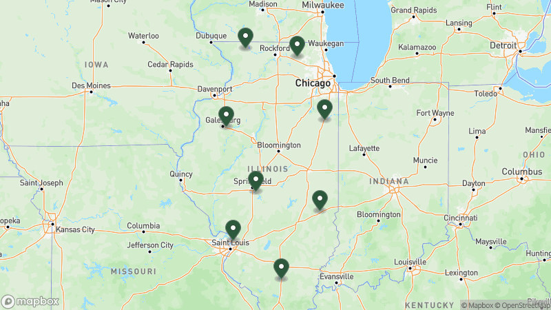 Map of KOA campgrounds in Illinois