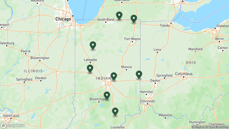 Map of KOA campgrounds in Indiana