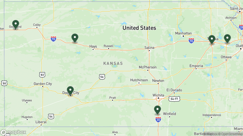 Map of KOA campgrounds in Kansas