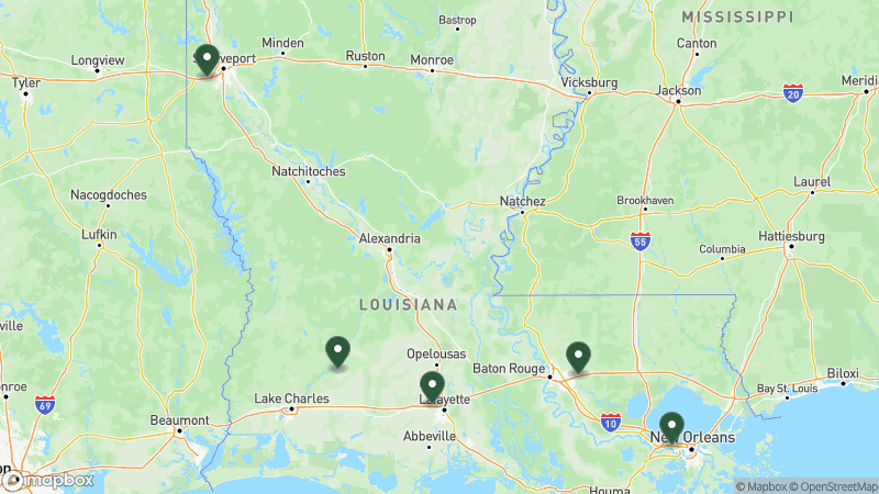 Map of KOA campgrounds in Louisiana