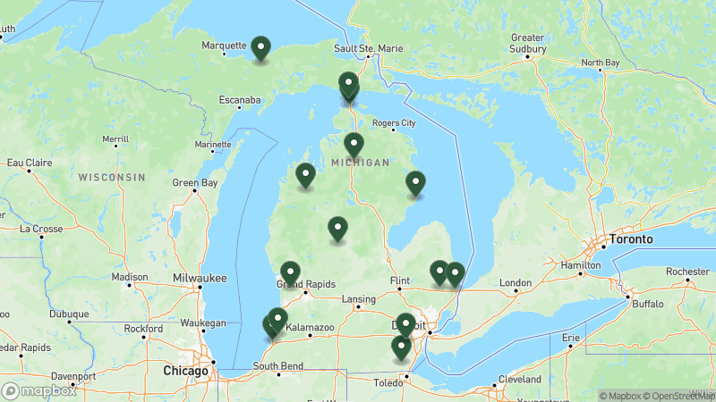 Map of KOA campgrounds in Michigan