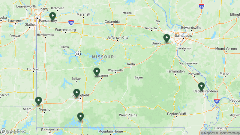 Map of KOA campgrounds in Missouri