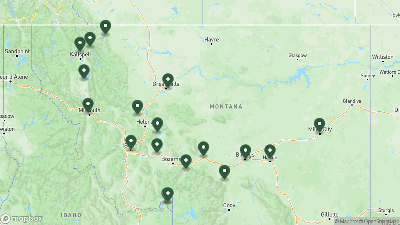 Map of KOA campgrounds in Montana