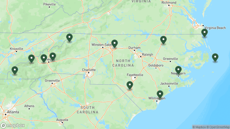 Map of KOA campgrounds in North Carolina