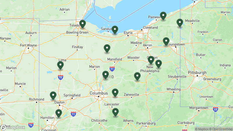 Map of KOA campgrounds in Ohio