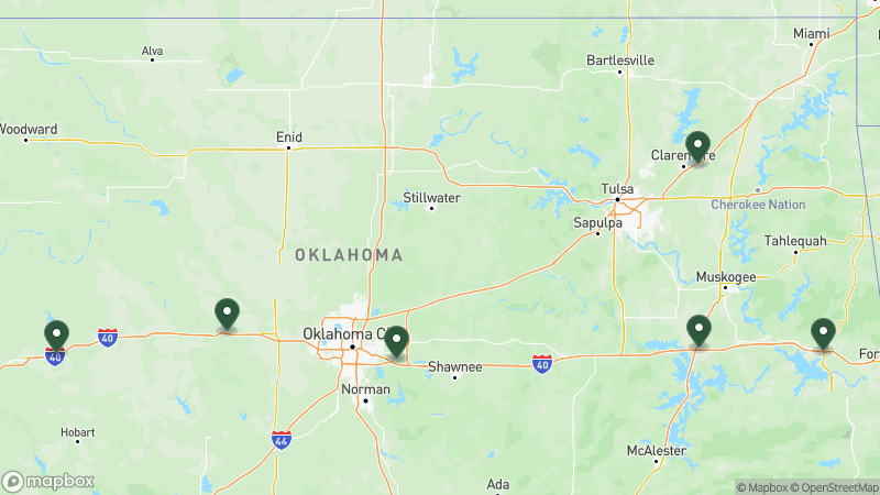 Map of KOA campgrounds in Oklahoma