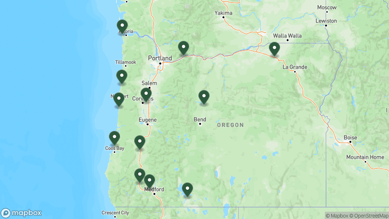 Map of KOA campgrounds in Oregon