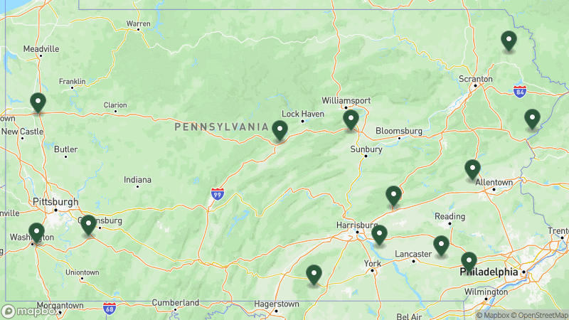 Map of KOA campgrounds in Pennsylvania