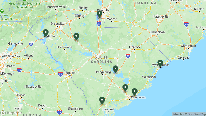 Map of KOA campgrounds in South Carolina