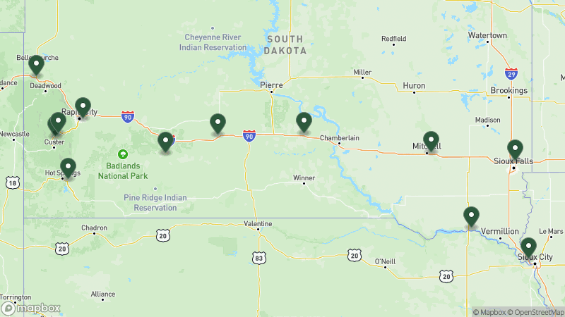 Map of KOA campgrounds in South Dakota