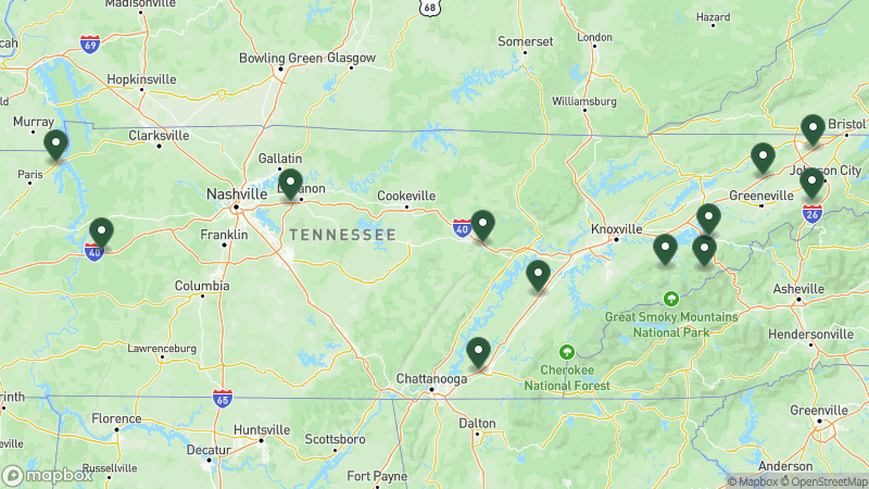 Map of KOA campgrounds in Tennessee