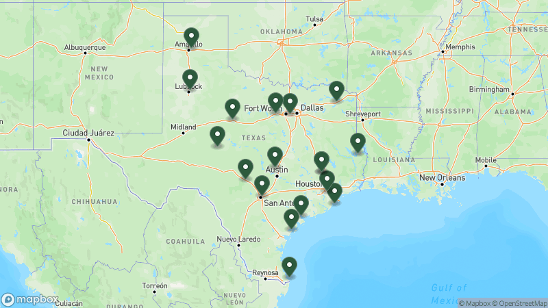 Map of KOA campgrounds in Texas