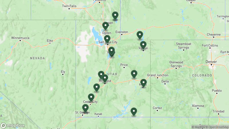 Map of KOA campgrounds in Utah