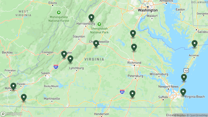 Map of KOA campgrounds in Virginia
