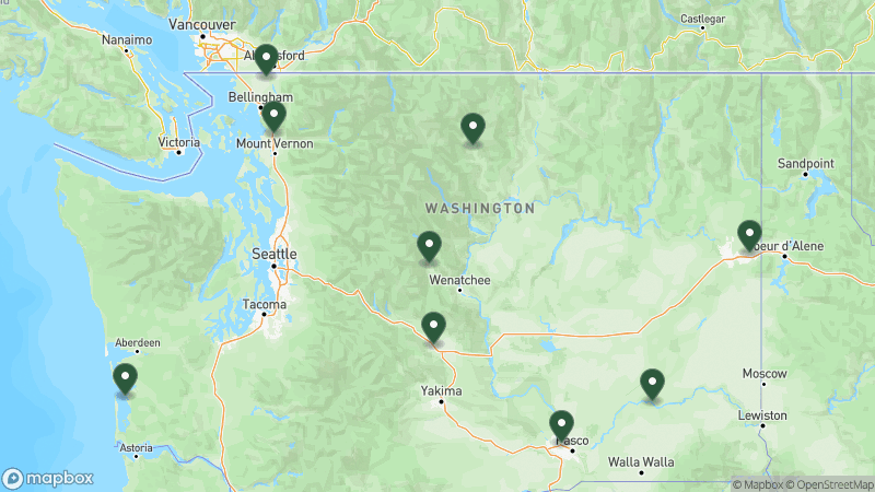 Map of KOA campgrounds in Washington