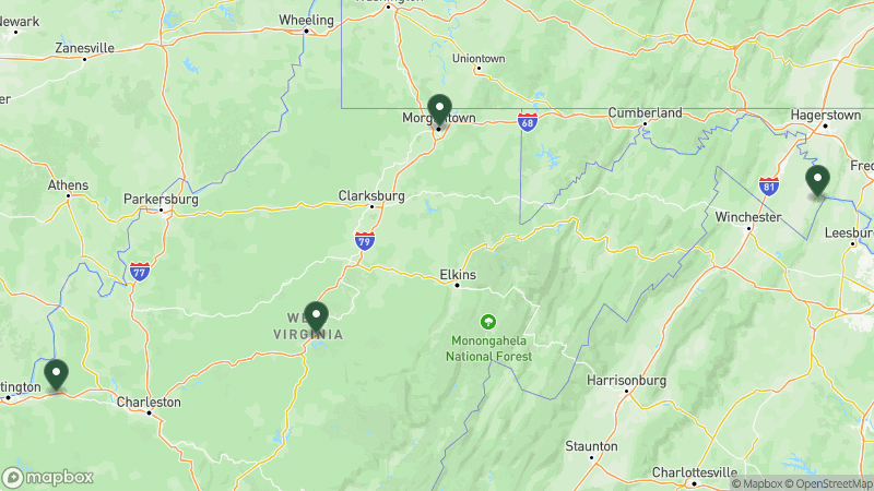 Map of KOA campgrounds in West Virginia