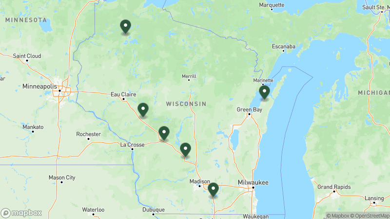 Map of KOA campgrounds in Wisconsin