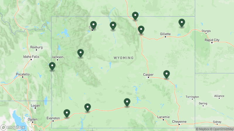 Map of KOA campgrounds in Wyoming