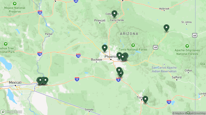 Map of Thousand Trails campgrounds in Arizona