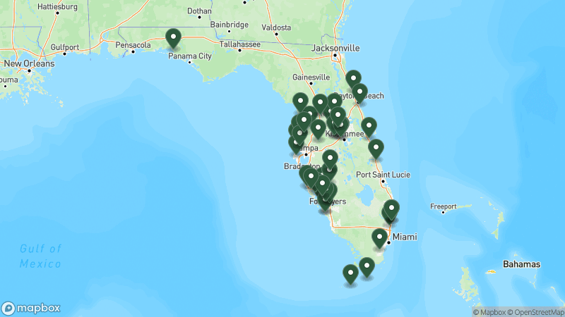 Map of Thousand Trails campgrounds in Florida