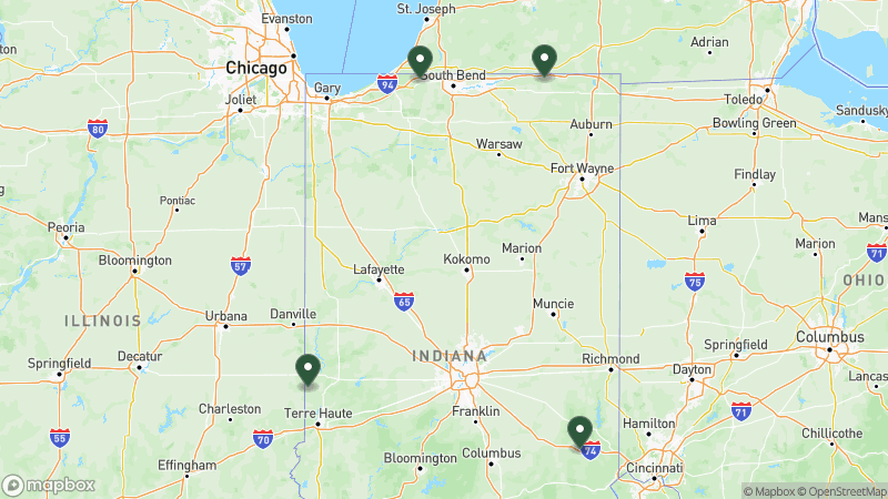 Map of Thousand Trails campgrounds in Indiana