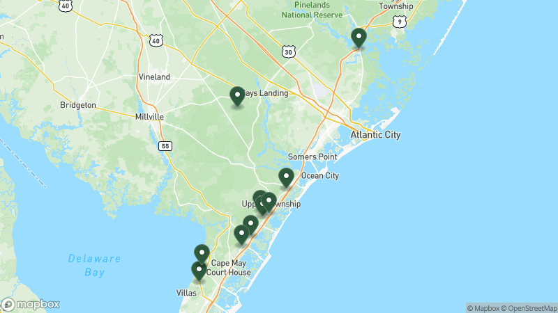 Map of Thousand Trails campgrounds in New Jersey