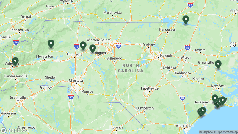 Map of Thousand Trails campgrounds in North Carolina