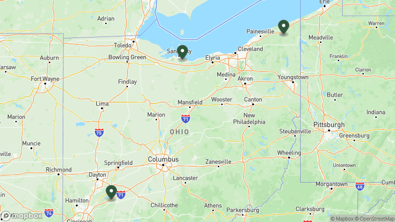 Map of Thousand Trails campgrounds in Ohio