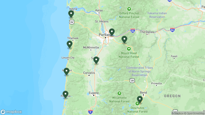 Map of Thousand Trails campgrounds in Oregon
