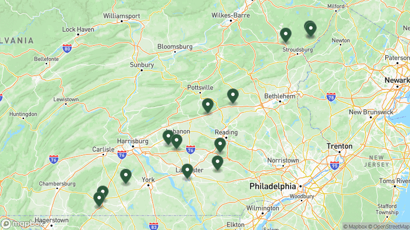 Map of Thousand Trails campgrounds in Pennsylvania