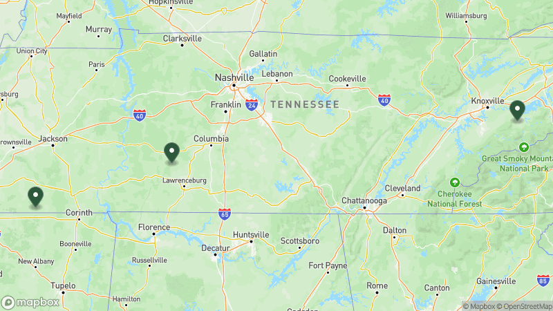 Map of Thousand Trails campgrounds in Tennessee