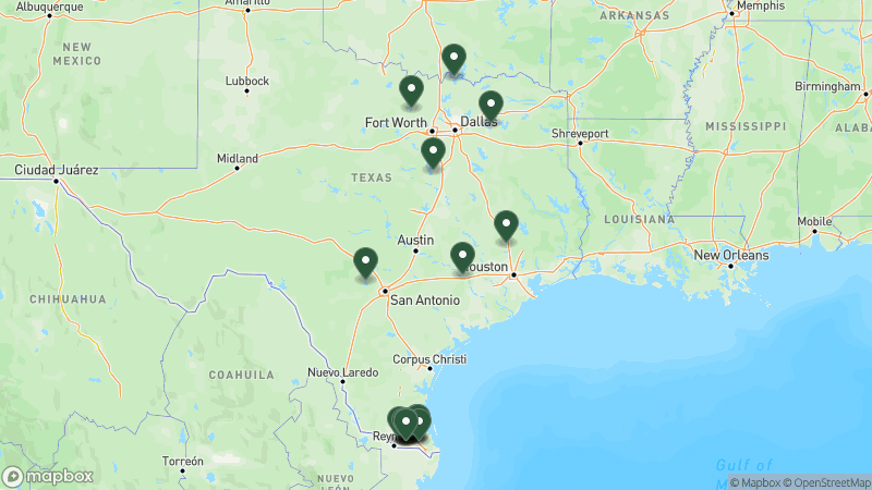 Map of Thousand Trails campgrounds in Texas
