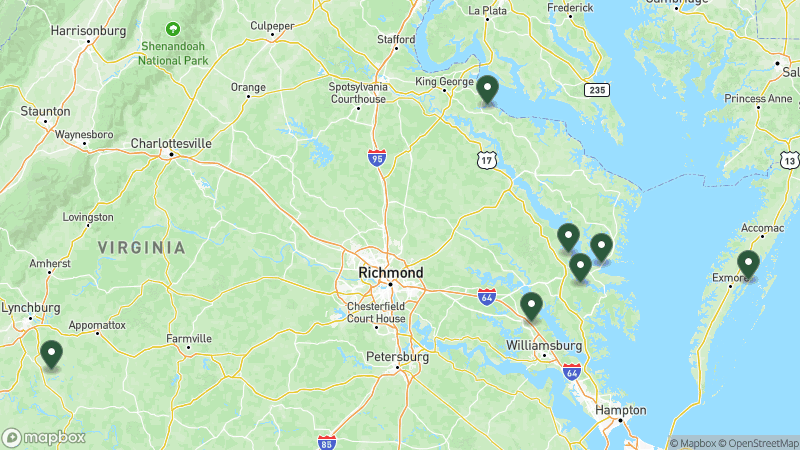 Map of Thousand Trails campgrounds in Virginia