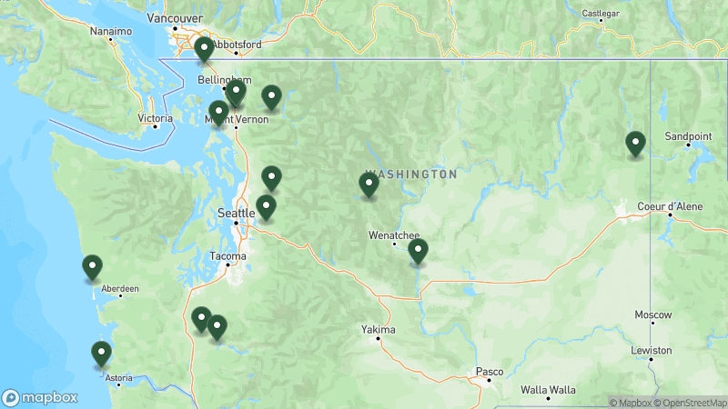 Map of Thousand Trails campgrounds in Washington