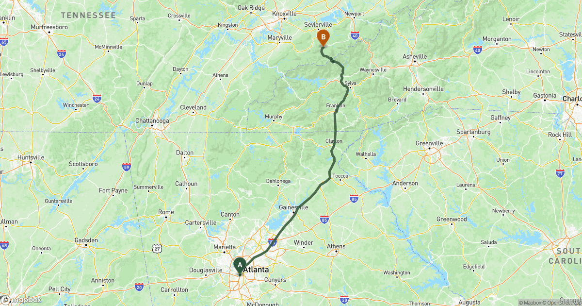 Map of the RV route from Atlanta, GA to Gatlinburg, TN