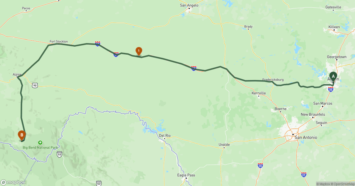 Map of the RV route from Austin, TX to Terlingua, TX