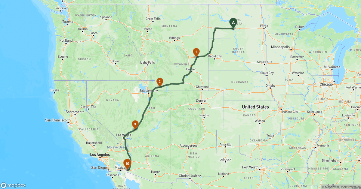 Map of the RV route from Bismarck, ND to Yuma, AZ