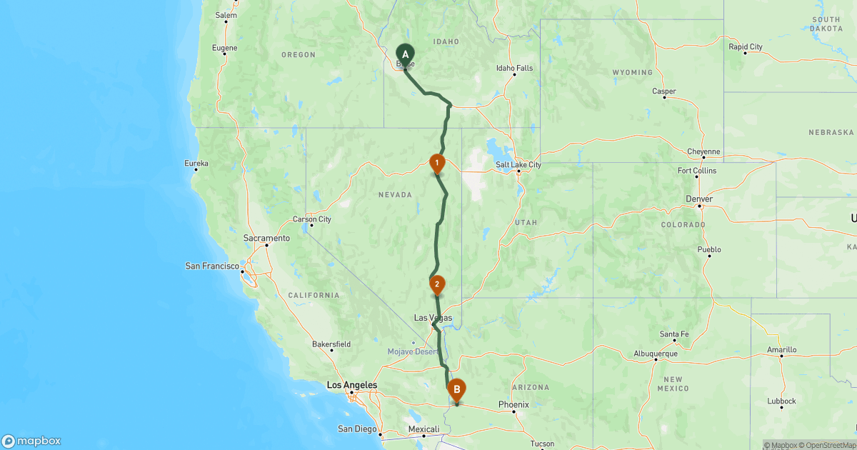 Map of the RV route from Boise, ID to Quartzsite, AZ